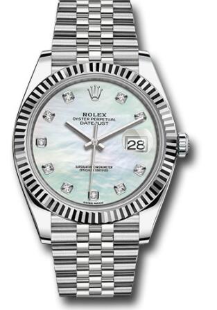 Replica Rolex Steel and White Gold Rolesor Datejust 41 Watch 126334 Fluted Bezel White Mother-Of-Pearl Diamond Dial Jubilee Bracelet